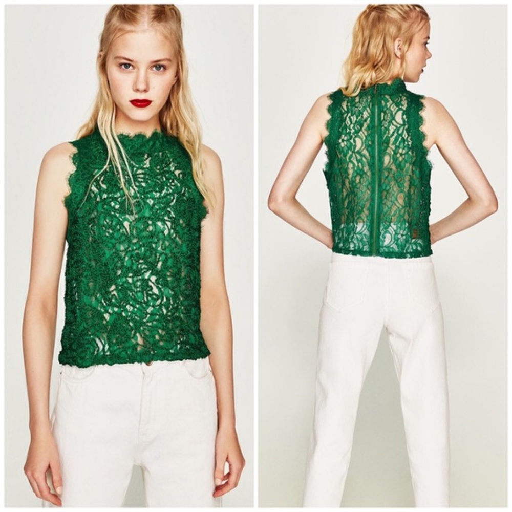ZARA EMBROIDERED LACE GREEN SLEEVELESS TOP NEW Large tags